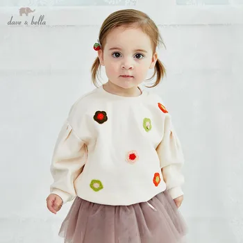 DB14928 dave bella rudenį kūdikių mergaičių gėlėti appliques T-shirt vaikų viršūnes merginos mielas mygtuką vaikai mados tees