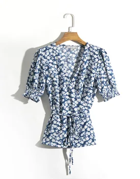 Derliaus Prancūzija Stiliaus trumpomis Rankovėmis Įvyniojimas Marškinėliai Mados Mėlynos spalvos Gėlių Spausdinti Laivapriekio Kaklaraištis Juosmens Palaidinė Moterims vientisas Trumpas Viršūnės