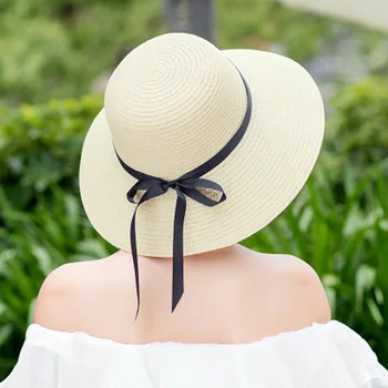 Didelis side Beach didelis kraštų skrybėlę atsitiktinis vasaros kepurės Ponios šešėliai Juodas diržas Moteris Europoje, Amerikoje saulės skrybėlės rankų moterų šiaudų kepurė