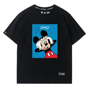 Disney Stilingas Mickey Mouse Animacinių filmų OMG Laišką Išspausdinti O-Kaklo Megztinis trumpomis Rankovėmis T-Shirt Mados Moterų Prarasti Tee Viršūnes 5 Spalvų