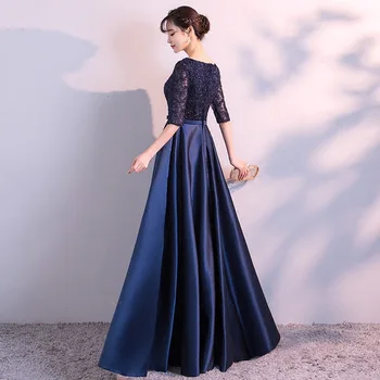 DongCMY Naujų 2020 M. Ilgalaikės Formalios Vakaro Suknelės, Elegantiškos Nėrinių Satino Tamsiai Mėlyna Vestidos Moterys Šalis Suknelė