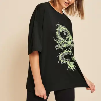 Dragon Print T-Shirt Moterų Plius Dydis-Trumpomis Rankovėmis Atsitiktinis Streetwear Negabaritinių Ilgai Marškinėliai Basic Tshirts Ponios Vasarą #0519