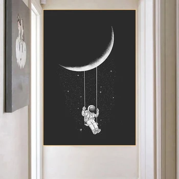 Drobė, Tapyba Juokinga Meno Erdvė Astronautas Swaying Mėnulis, Žvaigždės Sienos Menas Nuotraukų, Plakatų ir grafikos Namų Puošybai be Rėmelio