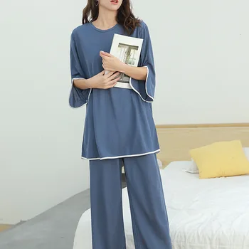 Dviejų dalių Rinkinys Moterims pavasario namų drabužiai tinka Atsitiktinis modalinis 2 dalių Rinkinys Moterims 2019 prarasti blyksnius marškinėliai+platus kojų kelnės Sleepwear