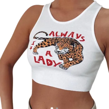 E Mergina Megzti Tigras Spausdinti Tankų Moterų Leopard Gyvūnų Laišką Streetwear Berankovė Liemenė Apkarpyti Viršūnes Pagrindinio Tees Mujer Y2k Viršų