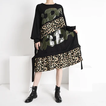 [EAM] Moterys, Juoda Raidė Leopardas Spausdinti didelio Dydžio, Suknelė Naują Apvalios Kaklo, ilgomis Rankovėmis Palaidi Tinka Mados Pavasario Rudens 2021 1DC990