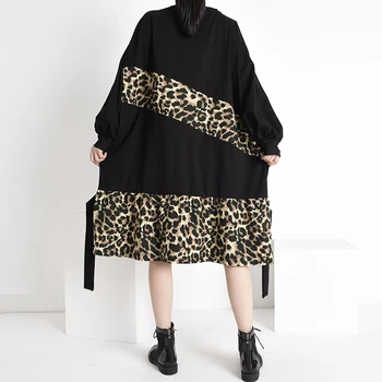 [EAM] Moterys, Juoda Raidė Leopardas Spausdinti didelio Dydžio, Suknelė Naują Apvalios Kaklo, ilgomis Rankovėmis Palaidi Tinka Mados Pavasario Rudens 2021 1DC990