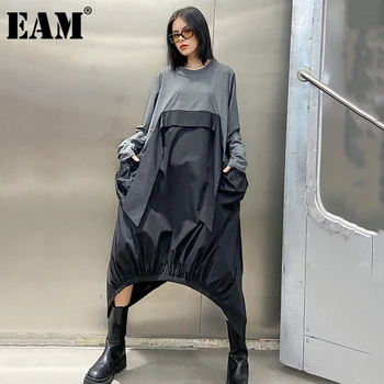 [EAM] Moterys, Pilkos spalvos Kontrasto Spalvų Didelis Dydis Nauja Suknelė ilgomis Rankovėmis Apvalios Kaklo Palaidi Tinka Mados Banga Pavasario Rudens 2021 1DA259