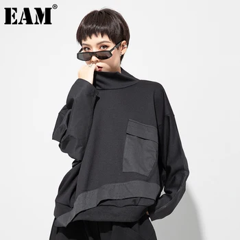 [EAM] Moterys Spliced Nesimetriškas Kišenės T-shirt Naujas Puse Aukšta Apykakle ilgomis Rankovėmis Mados Banga Pavasario Rudens 2021 1DD3812