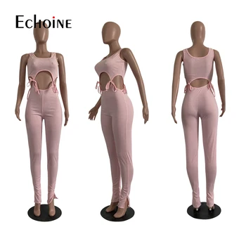 Echoine 2020 M. Vasarą Moterys Jumpsuits Rompers Rankovių Tuščiaviduriai Iš Nėrinių O-Kaklo Seksualus Naktinis Klubas Šalies Tvarstis Vienas Gabalas Komplektai