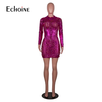 Echoine Moterų Blizgus Naktinis Klubas Šalies Seksualus Suknelės Visas Rankovės Tuščiaviduriai Iš Skraiste Skylę Matyti Per Ponios Dėvėti Mini Suknelė Vestido