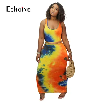 Echoine seksualus kaklaraištis dažų moterų spausdinti rankovių tankų bodycon midi, maxi sijonas kostiumas, dviejų dalių komplektas streetwear Atsitiktinis atitikimo rinkinys