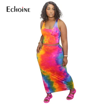 Echoine seksualus kaklaraištis dažų moterų spausdinti rankovių tankų bodycon midi, maxi sijonas kostiumas, dviejų dalių komplektas streetwear Atsitiktinis atitikimo rinkinys
