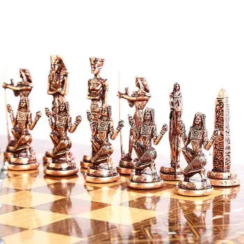 Egipto Faraonas Antikvariniai Vario Duomenys Metalo Šachmatų Rinkinį,Rankų darbo Kūrinių,Gamtos Kietų Medinių Šachmatų Lenta,Originalus Perlas,Karalius 9cm