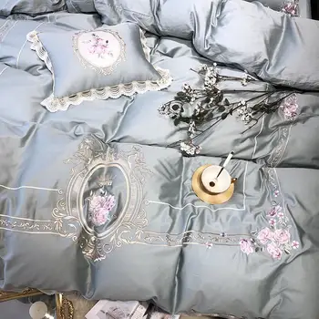 Egipto medvilnės Prabangos Karalius ir Karalienė dydžio Patalynės Rinkinys Siuvinėjimui antklodžių užvalkalus Klasikinė Mėlyna Rožinė Lova padengti nustatyti couvre lit de luxe