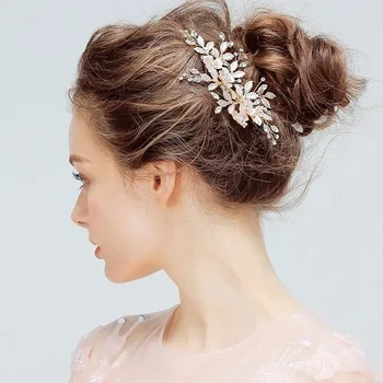 Elegantiška Nuotakos Šukuosena Kaspinai Rose Aukso Kristalų, Cirkonio Gėlių Lapų Vestuvių Plaukų Įrašą Barrettes Plaukų Aksesuarai