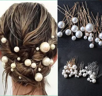 Elegantiškas ir stilingas nuotaka Visos plaukų formavimo Pearl U-formos plaukų šakutės plaukų įrašą Visos plaukų dydžio perlas staigius nuotakos šukuosena