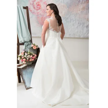 Elegantiškas Scoop Bžūp Rankovėmis Plius Dydis Vestuvių Suknelės su Appliques Užsakymą-line Satin Balta/Dramblio kaulo Nuotakos Suknelė 2020 m.