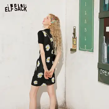 ELFSACK Black Daisy Gėlių Spausdinti Atsitiktinis Derliaus Mini Suknelė Moterų 2020 M. Vasarą ELF Perlai Mygtuką korėjos Stiliaus Ponios Kasdien Suknelės