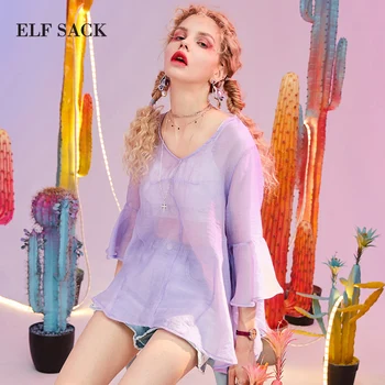 ELFSACK Naujas Elegantiškas Moteris, Marškinėliai Stilingas Kietas Raukiniai V-Kaklo Drugelio Šifono Rankovės Moterų Palaidinė Streetwear Ponios Marškinėliai