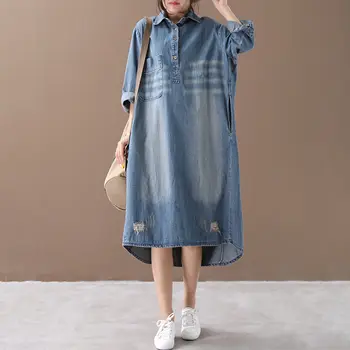 Extra Large Dydis Džinsinio Marškinėliai Moterims korėjos Drabužių Prarasti Vintage Mados Skylę ilgomis rankovėmis Atsitiktinis Džinsinio audinio Suknelė Plius Dydis Blusas f29