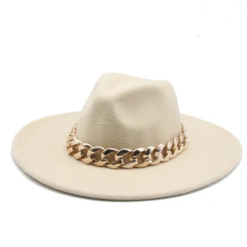 Fedora skrybėlės didelis kraštų 9.5 cm, su stora aukso grandine juosta, diržas vyrams, moterims, kepurės žiemą, rudenį visoje kraštų rankų darbo, prabangius žiemos skrybėlės