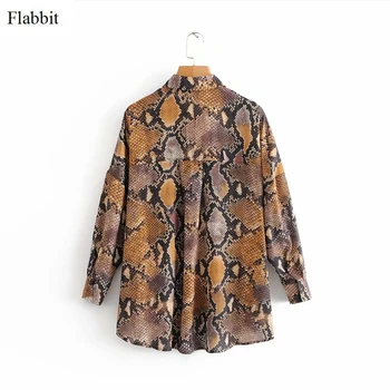 Flabbit moterų stilingas gyvatės odos spausdinti smock palaidinės pasukite žemyn apykaklės, kišenė marškinėliai ponios atsitiktinis chic viršūnes rudenį blusas LX0343