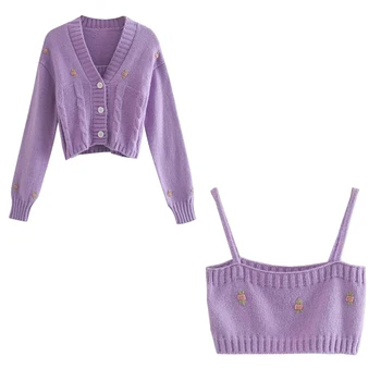 Foridol gėlių embriodery violetinė apkarpytos cardigan rinkiniai moterims derliaus megzti negabaritinių rudens žiemos moheros megztinis megztinis