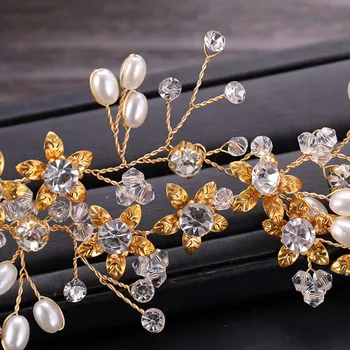 FORSEVEN Aukso Imituojamas Crystal Pearl Gėlių Nuotakos Lankelis Vinjetė Tiara de Noiva Plaukų Papuošalai Moterims Vestuvių Priedai JL