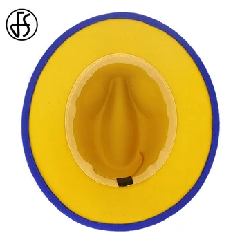 FS Naujas Royal Mėlyna Geltona Kratinys Vilnos Veltinio Fedora Skrybėlės Vyrai Moterys Didelis Kraštų Panama Trilby Džiazo Bžūp Derby Skrybėlę Sombrero Mujer