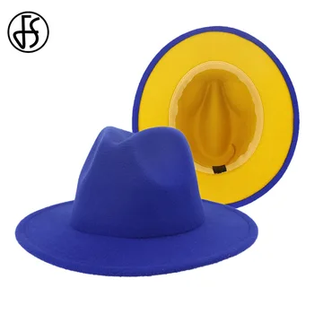 FS Naujas Royal Mėlyna Geltona Kratinys Vilnos Veltinio Fedora Skrybėlės Vyrai Moterys Didelis Kraštų Panama Trilby Džiazo Bžūp Derby Skrybėlę Sombrero Mujer