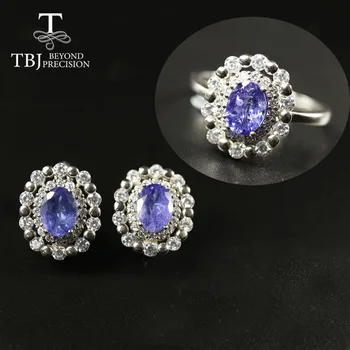 Gamtos tanzanite Blue papuošalų rinkinys ovalo 6*8mm užsegimas auskarai klasikinis žiedas 4.5 ct nekilnojamojo brangakmenio bauda papuošalai 925 sterlingas sidabro