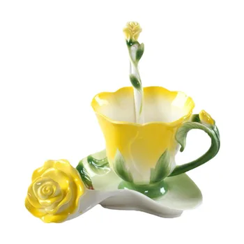 Geriausias 3D Rose Formos Gėlių Emalio, Keraminių Kavos, Arbatos Puodelis ir Lėkštelė Šaukštas Aukštos kokybės Porceliano Puodelis Kūrybos Valentino Dovana Dizainas