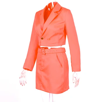 Goocheer 2019 ilgomis rankovėmis švarkas apkarpytos švarkas sijonas su diržu, 2 vienetų komplektas rudens žiemos moterys streetwear komplektus kietos dainos