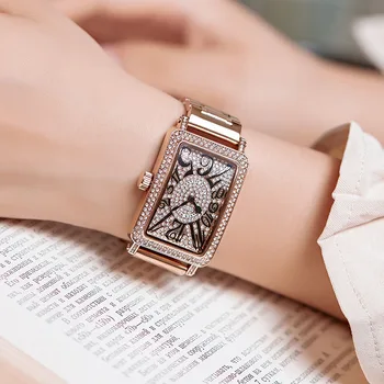 GUOU Prabanga Crystal Lady Laikrodžiai Moterims Stačiakampio Moteriški Rankiniai Laikrodžiai Moterų Mados Rose Gold Laikrodžiai Moteris Moterų Laikrodžiai