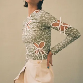 Gėlių Spausdinti Moteris Tshirts y2k Tuščiaviduriai Iš Viršūnės Moterų Lankas Drugelis Streetwear Indie Estetinės ilgomis Rankovėmis Šalies Trišakis 90-ųjų Derliaus