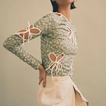 Gėlių Spausdinti Moteris Tshirts y2k Tuščiaviduriai Iš Viršūnės Moterų Lankas Drugelis Streetwear Indie Estetinės ilgomis Rankovėmis Šalies Trišakis 90-ųjų Derliaus