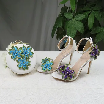 Gėlių vestuvių batai su atitikimo krepšiai aukštakulnius Atvira Kojų Čiurnos Dirželis Vasaros Sandalai batų ir maišelį, nustatyti Aukštus Batus Moteris