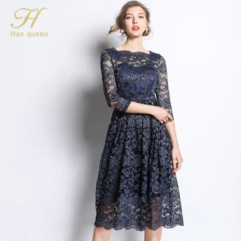 H Han Queen ' S-3XL plius dydžio tuščiaviduris iš mėlynos spalvos nėrinių suknelė moterims pusė rankovės pavasario derliaus slim seksualus šalies atsitiktinis suknelės vestidos