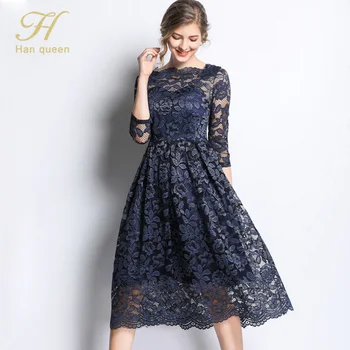 H Han Queen ' S-3XL plius dydžio tuščiaviduris iš mėlynos spalvos nėrinių suknelė moterims pusė rankovės pavasario derliaus slim seksualus šalies atsitiktinis suknelės vestidos
