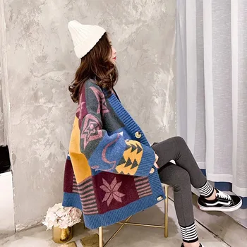 H. SA 2019 Europos Mados Moterų Ilgas Džemperis susagstomi megztiniai Vneck Vinatge Laisvalaikio megztiniai (Džemperiai Ilgai Megzti Paltai Mados Moterų Megztinis