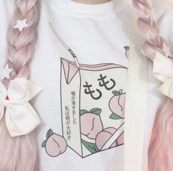 Hahayule Persikų Sultys Japanses Estetinės Grunge T-Shirt Moterims, Merginos 90s Kawaii White Tee Vasaros Atsitiktinis Tumblr Apranga