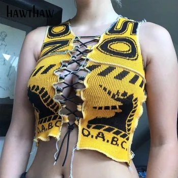 HAWTHAW moterų vasaros mados seksualus tuščiaviduriai iš rankovių laiškas išspausdintas plonas liesas šalies klubas pasėlių tankų drabužius 2020 m.