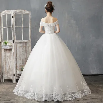 HMHS-60#Vestuvinė Suknelė, Siuvinėta Nėriniais ant Ju ilgomis rankovėmis Valtis Kaklo Nėrinių tuoktis Suknelės baltos Ilgai pigūs Didmeninė kamuolys suknelė