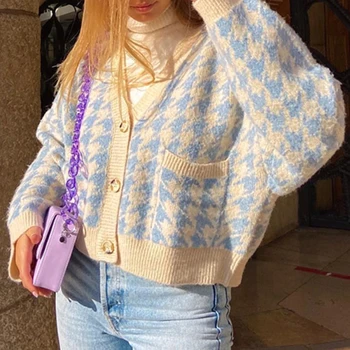 IAMSURE Houndstooth Megzti susagstomi megztiniai ilgomis Rankovėmis V-Kaklo Džemperis Šiltas Atsitiktinis Streetwear Y2K Estetinės Derliaus Prairie Elegantiškos Moterys