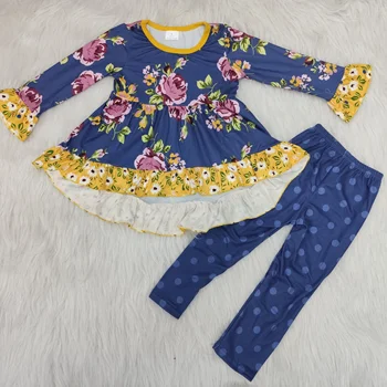 Ilgomis rankovėmis kūdikiui, merginos apranga karšto parduoti vaikų drabužių gražių žiemos kūdikių drabužiai mergaitėms gėlių pattern viršų ir antblauzdžiai rinkinys