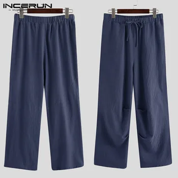 INCERUN 2021 Vyrų Atsitiktinis Kelnės Kietas Medvilnės Skalbiniai Poilsiu Tiesios Kelnės Vyrams Retro Raišteliu Streetwear Ilgai Pants Plus Size