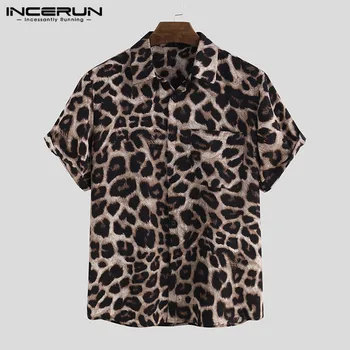 INCERUN Vasaros Leopardas Spausdinti Marškinėliai Vyrams trumpomis Rankovėmis Streetwear Šalies 2021 Atsitiktinis Palaidų Palaidinė Atvartas Mados Mens Havajų Marškinėliai