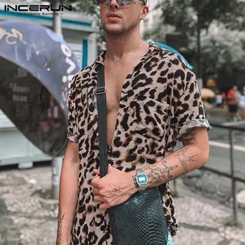INCERUN Vasaros Leopardas Spausdinti Marškinėliai Vyrams trumpomis Rankovėmis Streetwear Šalies 2021 Atsitiktinis Palaidų Palaidinė Atvartas Mados Mens Havajų Marškinėliai