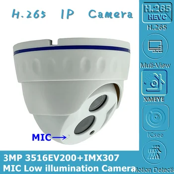 Integruoti MIKROFONAS Garso Sony IMX307+3516EV200 IP Dome Kameros Mažo apšvietimo NightVision IRC 3MP H. 265 ONVIF CMS XMEYE P2P